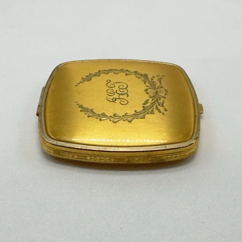 Vintage Gold Tone Powder Double Compact Mirror Mid Century Vanity